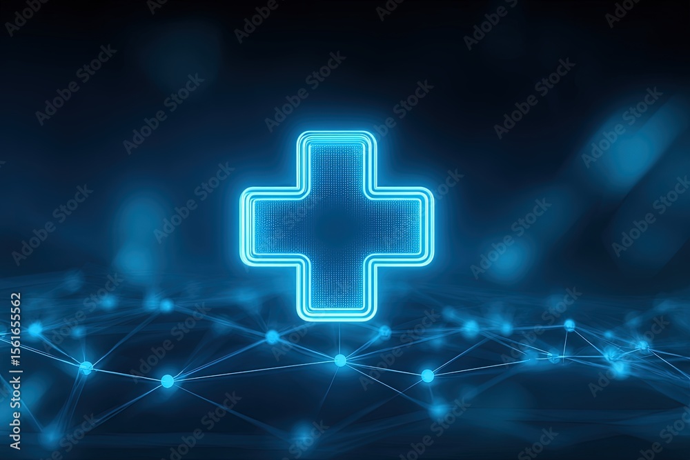 Poster glowing medical cross symbol surrounded by digital network lines and futuristic background.