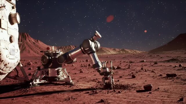 Mars exploration lander deploys robotic arm, a small rover on red rocky ground - Powered by Adobe