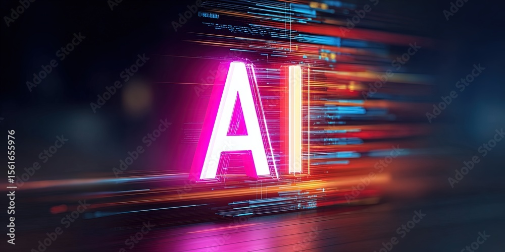 Poster Futuristic AI technology concept with glowing neon letters and data streams.