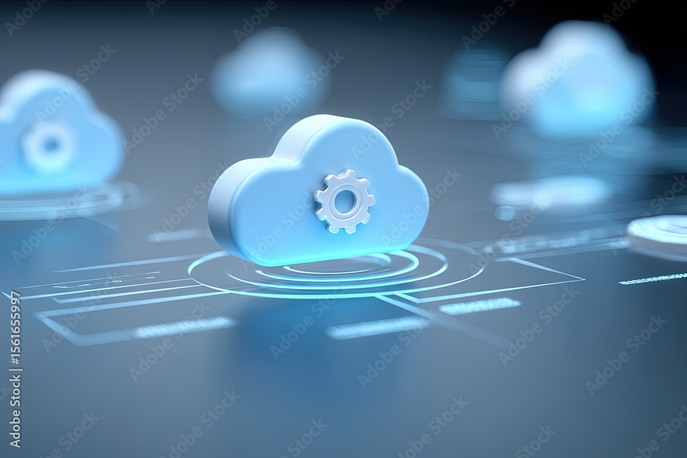 Poster Cloud computing technology concept with digital interface and data network visualization.