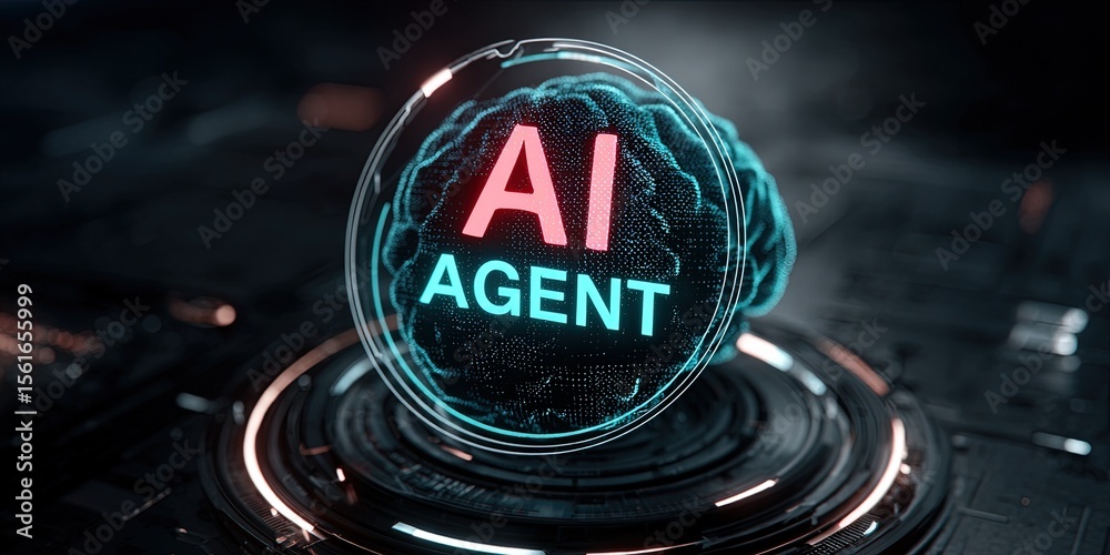 Poster Futuristic AI agent concept with glowing digital sphere and high-tech interface.