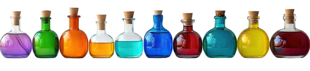 Colorful glass bottles with liquid, various hues