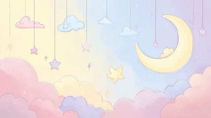 Naklejka premium Pastel Nursery Sky with Clouds Stars Moon and Dreamy Atmosphere for Children.