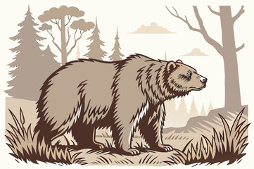 Majestic Grizzly Bear in Forest Landscape - North American Wildlife Illustration
