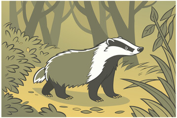  Alert Badger in Woodland Scene - European Wildlife Illustration © Md