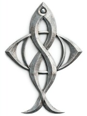 Artistic metallic emblem composed of interwoven geometric elements on a white backdrop design