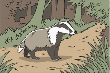  European Badger on Forest Path - Woodland Wildlife Illustration © Md