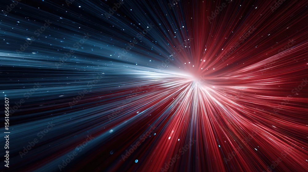 Poster dynamic cosmic explosion with vibrant red and blue streaks in deep space scene.