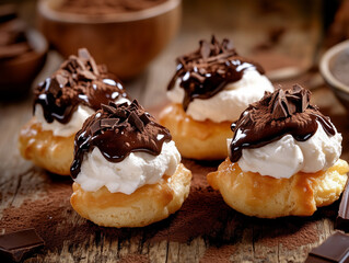 Delicious profiteroles with whipped cream and melted chocolate covering wooden table