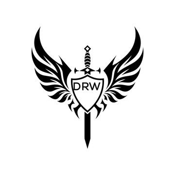 DRW "Warrior Shield and Sword Emblem with Wings Logo," DRW Later Logo, "Black Tribal Winged Sword Crest Vector," "Heraldic Emblem with Wings, Sword, and Shield,"
