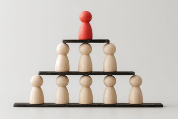 Wooden figurines arranged in a hierarchical pyramid, with a single red figure at the apex