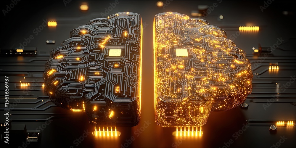 Poster highly detailed digital circuit brain artificial intelligence technology concept.