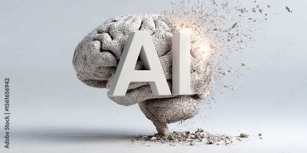 Poster Highly detailed modern brain with AI text symbol emerging from dust and particles.