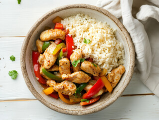 Chicken fajitas with bell peppers and rice in rustic bowl