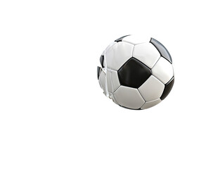 Naklejka premium Soccer ball, black and white panels, slightly off-center, against a black background