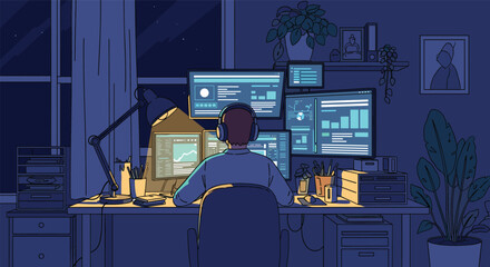 A lone programmer works late into the night on multiple computer screens in a dimly lit room filled with plants and personal touches creating a cozy atmosphere