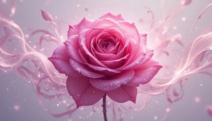 Enchanting pink rose surrounded by soft flowing petals and glittering sparkles in a dreamy atmosphere. Perfect for romantic, fantasy, floral, or magical-themed visuals and prints.