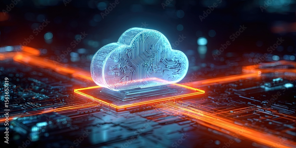 Poster Futuristic glowing cloud computing server technology digital concept with circuits.