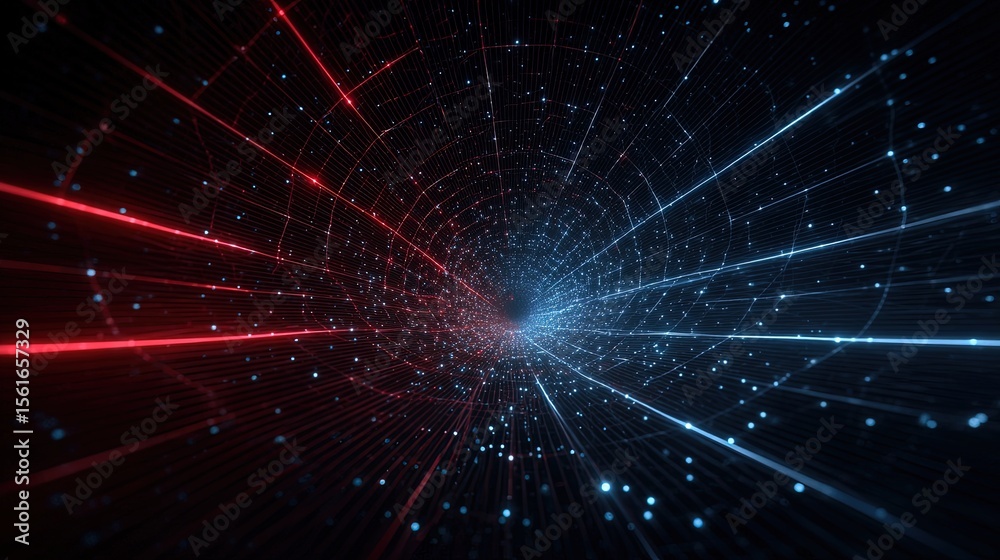 Aufkleber Dynamic futuristic digital data stream with red and blue light trails in space.