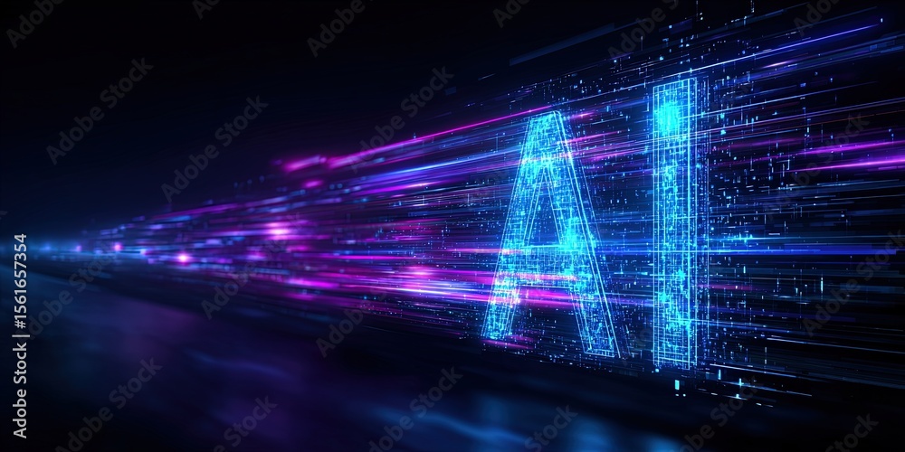 Aufkleber Futuristic AI technology concept with glowing digital data streams and luminous text.