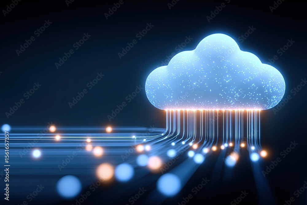 Aufkleber Digital Cloud Technology Concept with Data Streams and Nanoscale Light Effects.