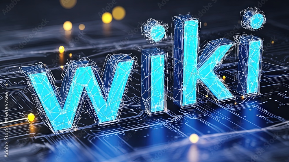 Poster digital word wiki with futuristic glowing blue holographic elements and technology background.