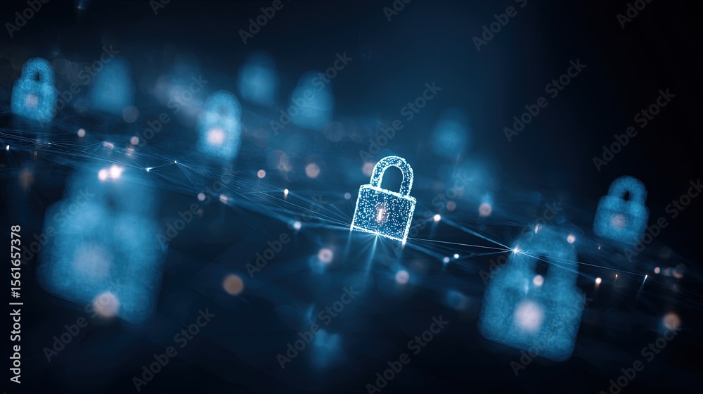 Poster Digital Security Concept with Illuminated Lock Icons and Data Network Visualization.