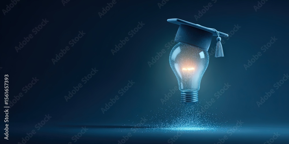 Poster creative digital illustration of a glowing lightbulb with graduation cap on dark background.