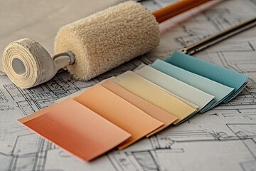 Paint swatches, roller, and blueprints.  Color palettes for interior design project laid out over architectural drawings.  A paint roller and tape rest nearby