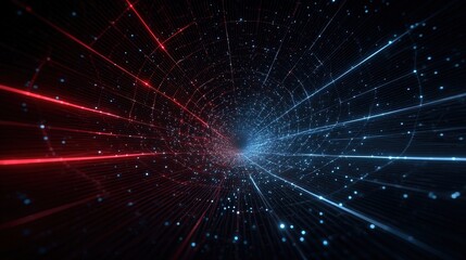 Naklejka premium Dynamic futuristic digital data stream with red and blue light trails in space.