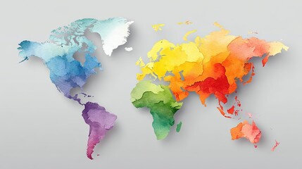 Colorful Watercolor World Map Illustration with Bright Colors and Artistic Style.