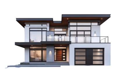 Modern two-story home with large windows and a balcony.  Exterior view, digitally rendered