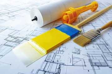 Architectural blueprints overlaid with paint supplies.  A roll of architectural paper, a yellow and blue paint scraper/brush, and two paintbrushes are on top of detailed blueprints.