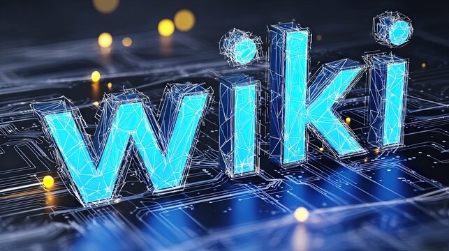 Digital word wiki with futuristic glowing blue holographic elements and technology background.
