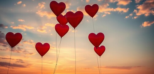 Heart-shaped balloons floating against a sunset sky, joy, passion