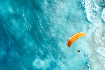 aerial top down view of a paraglider flying over a beautiful turquoise ocean with waves