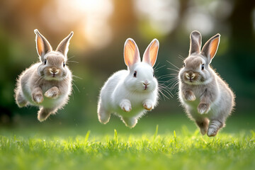 cute bunnies jumping on green grass, adorable animal nature background