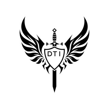 DTI "Warrior Shield and Sword Emblem with Wings Logo," DTI Later Logo, "Black Tribal Winged Sword Crest Vector," "Heraldic Emblem with Wings, Sword, and Shield,"
