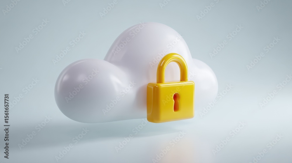 Poster Cloud security concept with a yellow padlock symbolizing data protection and cybersecurity.