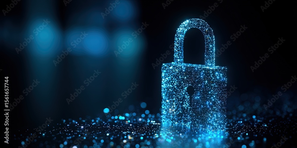Poster Bright glowing digital padlock symbol representing cybersecurity and data protection.
