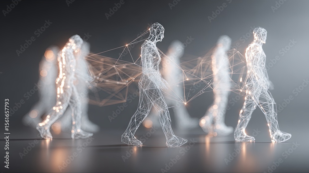 Poster Futuristic digital humanoid figures with glowing lines and interconnected network.