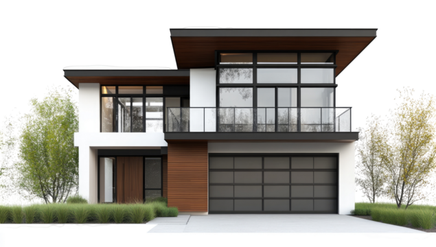 Modern home exterior, two stories, minimalist style
