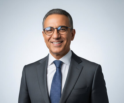 A confident, middle-aged Arab businessman in elegant business attire and glasses smiles charismatically against a clean, softly lit studio background.
