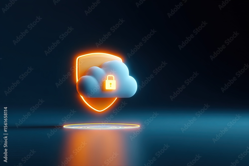Poster futuristic cloud security protection with glowing shield and padlock icon design.