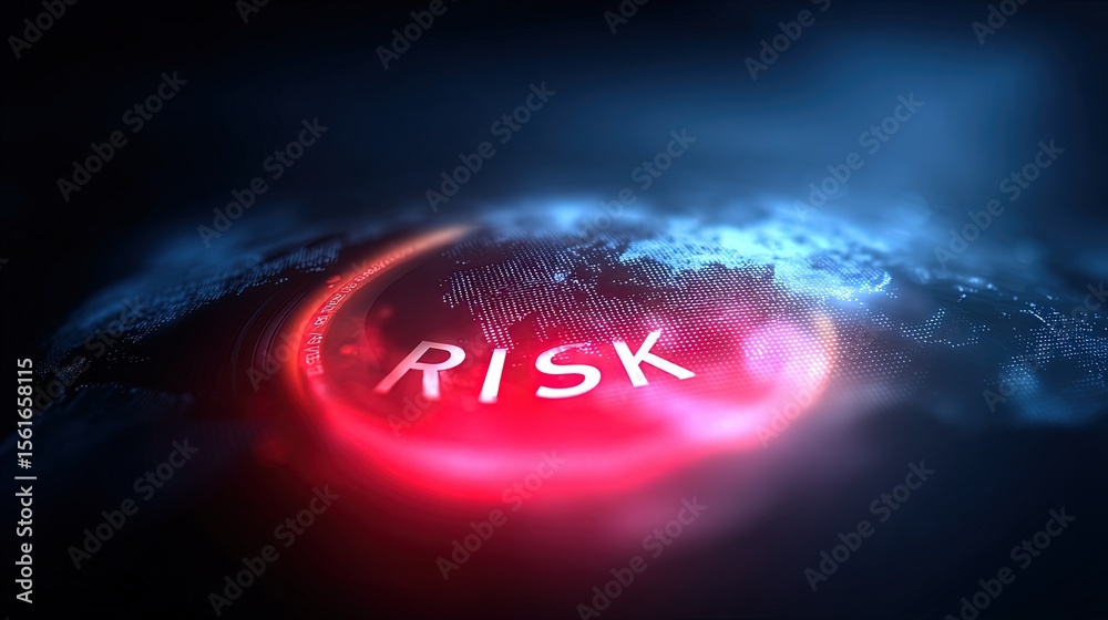 Poster digital risk concept illustration showing a red glowing risk word over globe surface.