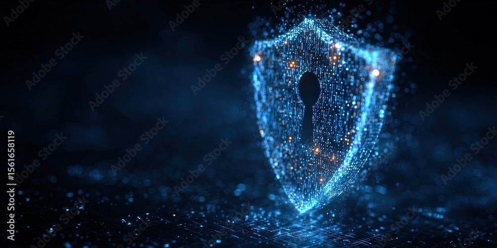 Poster Futuristic digital shield with glowing particles and secure lock symbol representing cybersecurity protection.