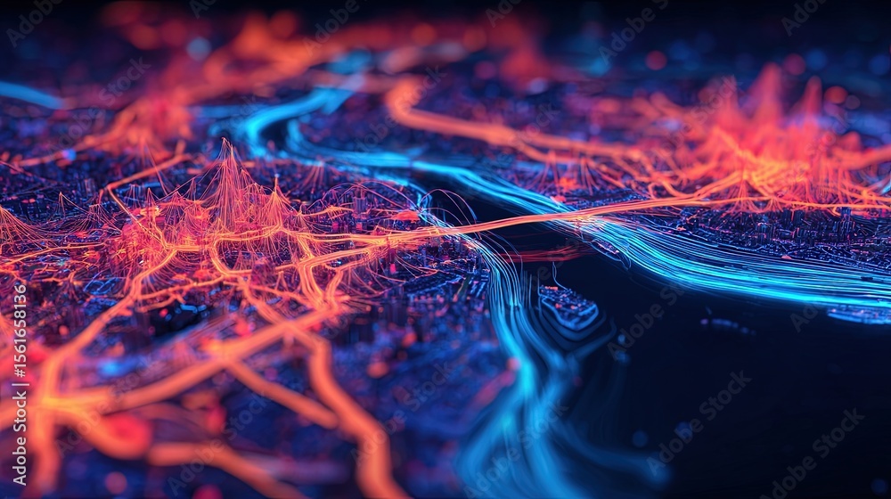 Poster abstract vibrant glowing neural network with bright electric connections and digital energy flow.