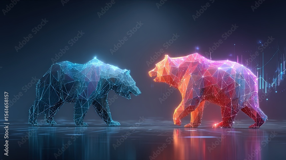 Poster two digital low poly bears facing each other with neon glowing effects in a dark technological envir