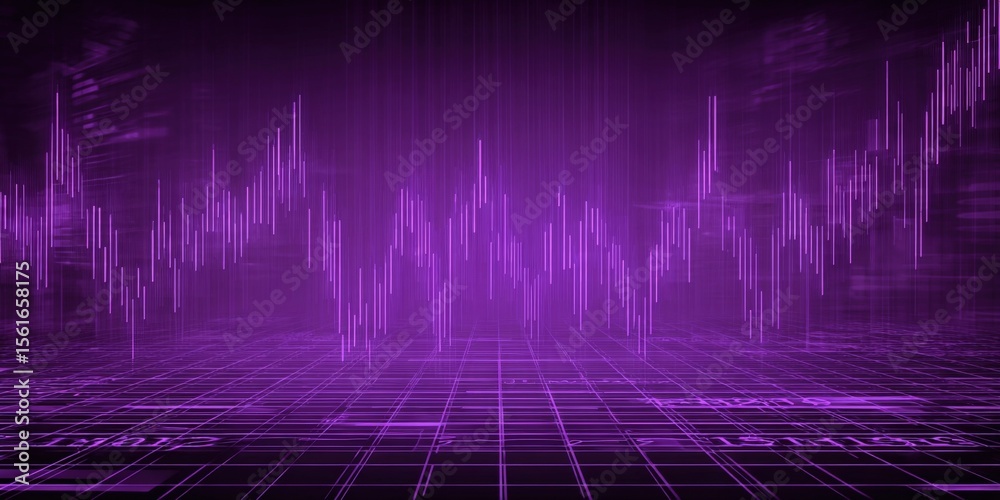 Poster Vibrant Abstract Digital Data Visualization with Dynamic Purple Waveforms.