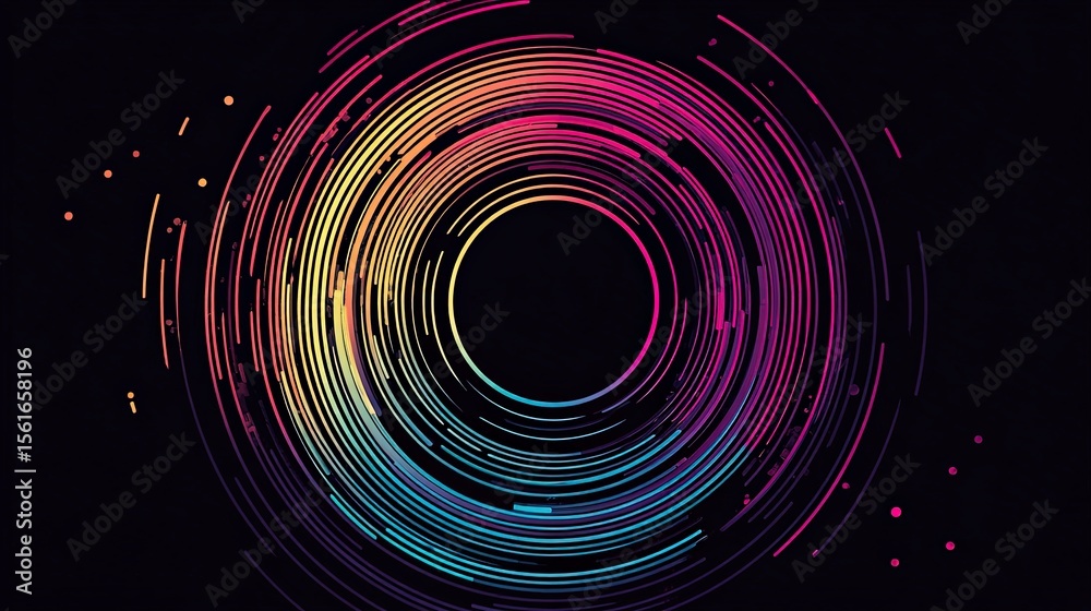 Poster Vibrant circular neon light illustration with colorful concentric rings and abstract design.